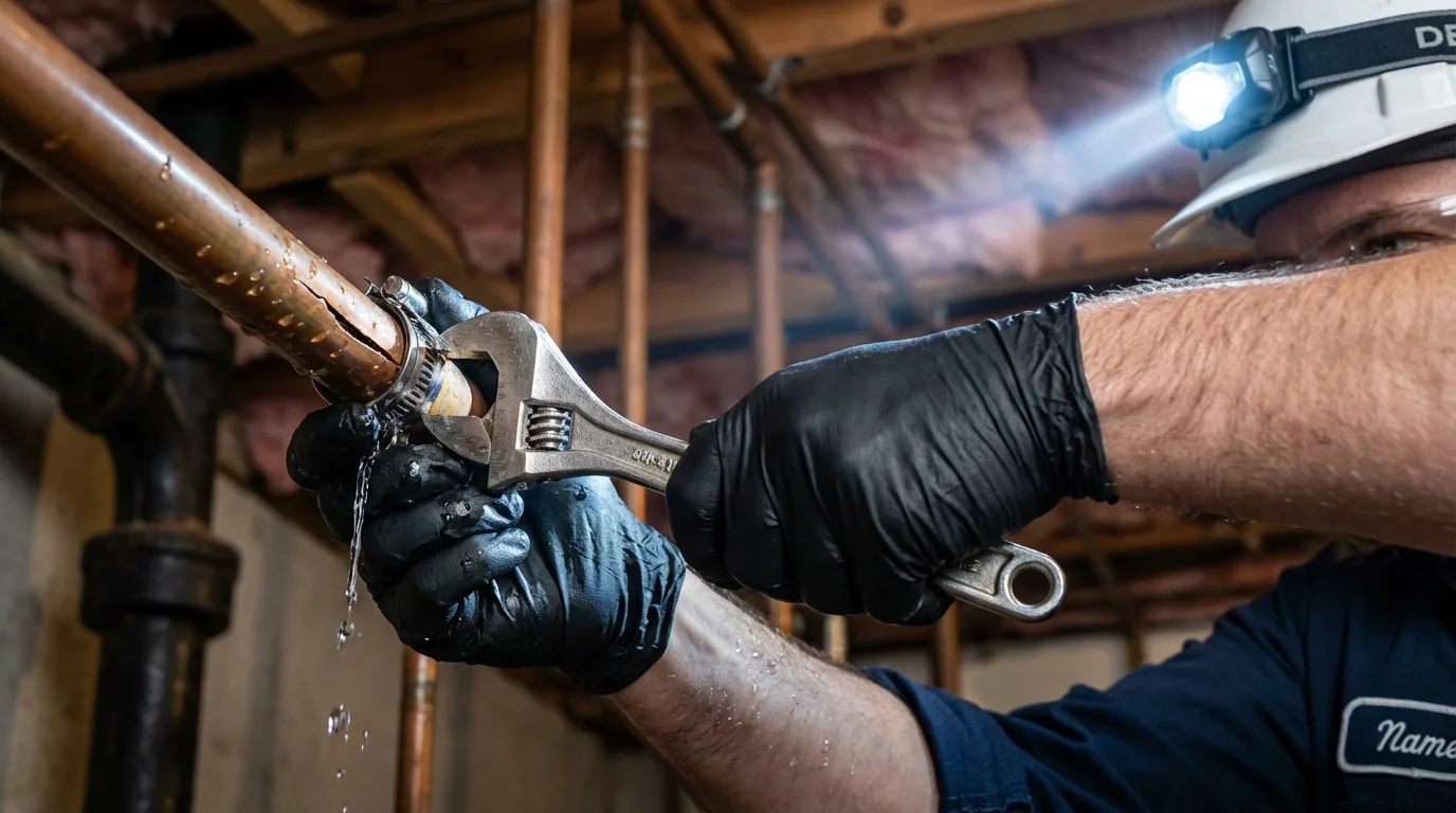 Emergency pipe clamp repair being performed by a Johns Plumbing LLC plumber in Twinsburg