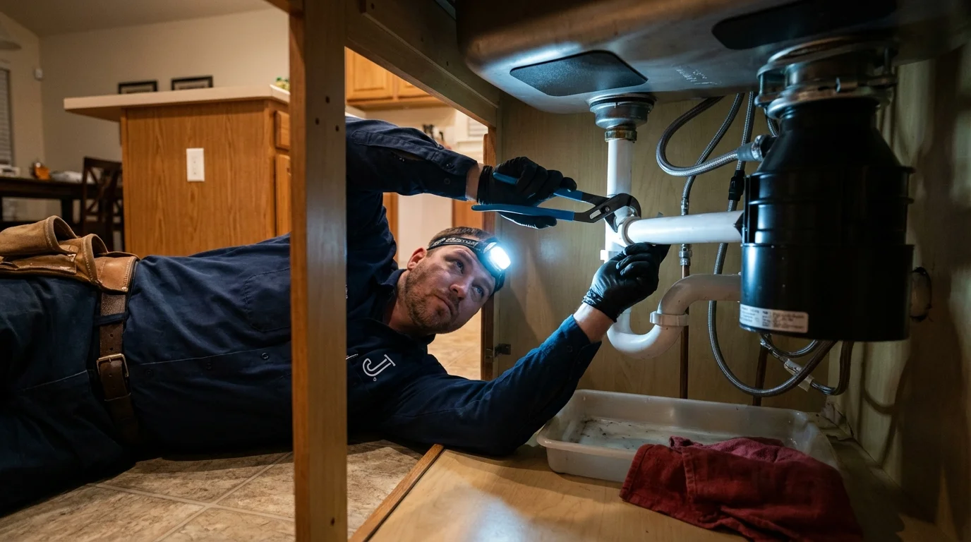 P-trap and supply line connections under a kitchen sink showing a common leak point in Twinsburg, OH